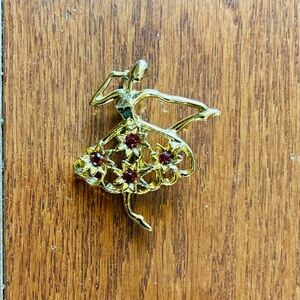 Elegant Gold Ballerina Brooch with Red Accents